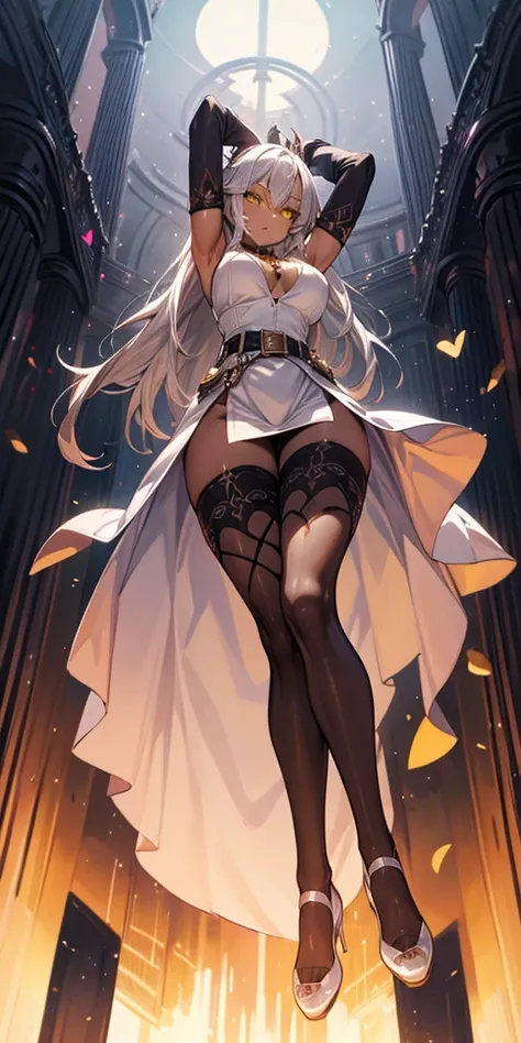 Pirotess dark elf. 1solo girl Qun Qun Na Olganite dark skin elf succubus, white silver long hair, yellow eyes, white dress, black stockings, white high heels, jewelry necklace, fur coat, big belt heart shaped, portrait full body view from below, detached s...