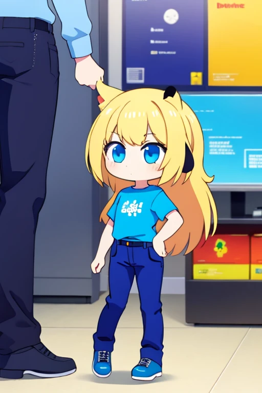 1girl blonde hair blue shirt black pants rainbow boots dog ears