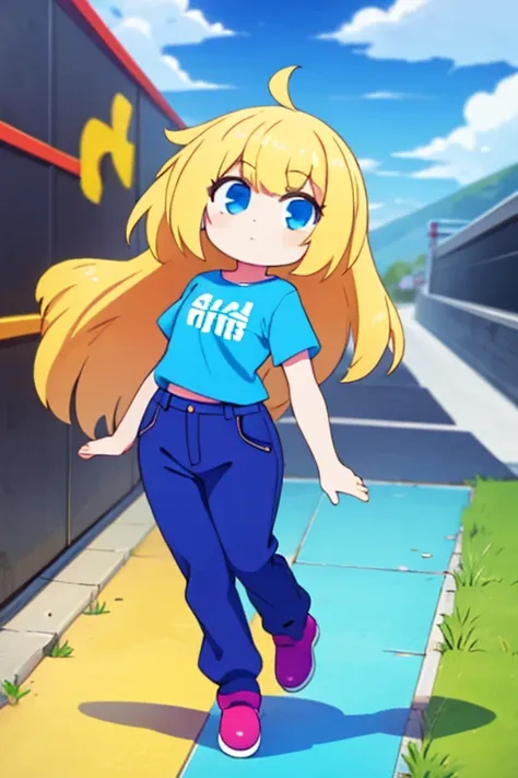 1girl blonde hair blue shirt black pants rainbow boots dog ears