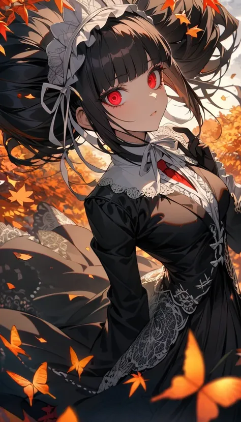 Ultra detailed, Highres, absurdres, HDR, Celestia Ludenberg, black hair, expressive red eyes, black long dress with patterns, Danganronpa, autumn, petals, extremely beautiful, woman, solo, very detailed eyes and face, black gloves, orange leaves, butterfli...