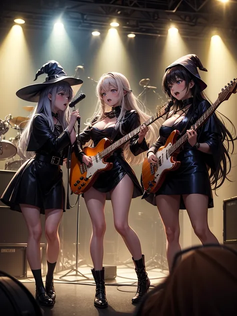 A three-woman metal band dressed in witch costumes、Arrived in Japan and held a mass at a live venue、Neck slashing pose、The intense performance was a huge success、Metal band performance、Fearless expression、Live venue lighting、The band&#39;s concept was a re...