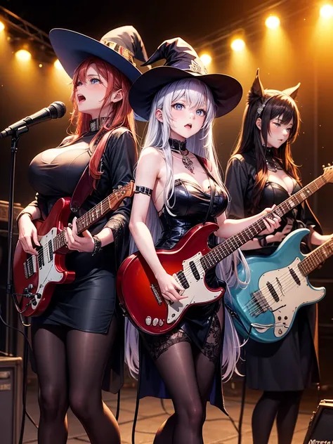 A three-woman metal band dressed in witch costumes、Arrived in Japan and held a mass at a live venue、Neck slashing pose、The intense performance was a huge success、Metal band performance、Fearless expression、Live venue lighting、The band&#39;s concept was a re...