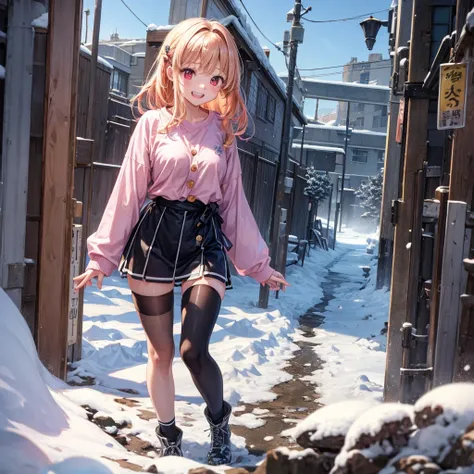 Pink gold golden hair、Red eyes、One good looking girl、solo、anime、Checkered mini skirt、The skirt has buttons、one piece、Blue camisole、White T-shirt、Long sleeve、Black knee-high socks、Wearing a ribbon、Ribbon on waist、Tilting face、Teeth are visible、tunnel、Sunset...