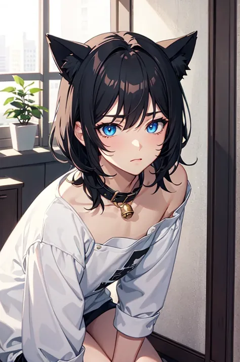 ((best quality)), ((masterpiece)), (detailed), Perfect face,
(1 Boys, blue eyes, Black Hair, Cat ear, Boys, man), Boys, man, collar with a bell, kneeling Boys