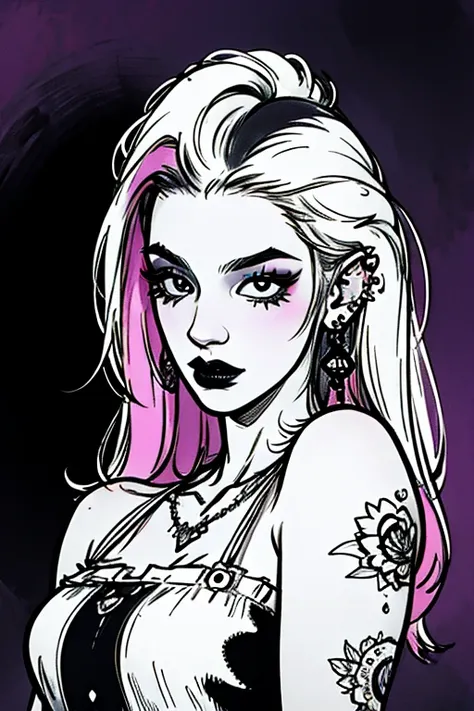 Beautiful Hardcore Illustration homepage illustration style, dark, high resolution, hard touch illustration, strong outline, one girl, gothic fashion, 8k, American comic style, colorful background, beautiful face, cool beauty, beauty style, long hair, cute...