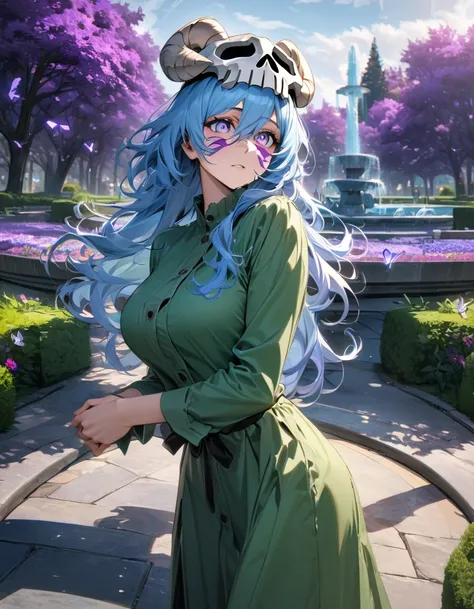 absurdres, highres, ultra detailed, HDR, master piece, ultra detailed picture, extremely detailed face and eyes, Nelliel Tu Odelschwanck, light-blue long hair, expressive hazel eyes, Bleach, green clothes, solo, woman, extremely beautiful, purple flowers, ...