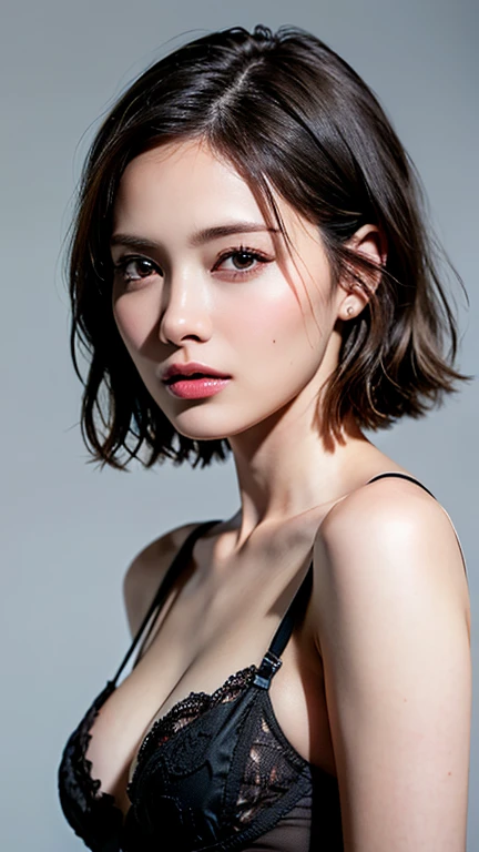 (Masterpiece: 1.3), (8k, Photorealistic, RAW Photo, Best Quality: 1.4), (1girl), Beautiful Face, (Realistic Face), (Black Hair, Short Hair: 1.3), Beautiful Hairstyle, Realistic Eyes, Beautiful Detail Eyes, (Realistic Skin), Beautiful Skin, (Lingerie), Absu...