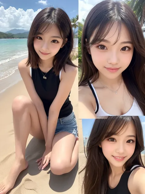 (masterpiece,highest quality,超A high resolution),  (((Very beautiful 12 year old girl))), pretty girl、USA Travel、California、Beach、smile、 Outdoor、Super cute face, Glossy lips, Double eyelids on both eyes, Natural Makeup, Long eyelashes, Shiny and smooth lig...