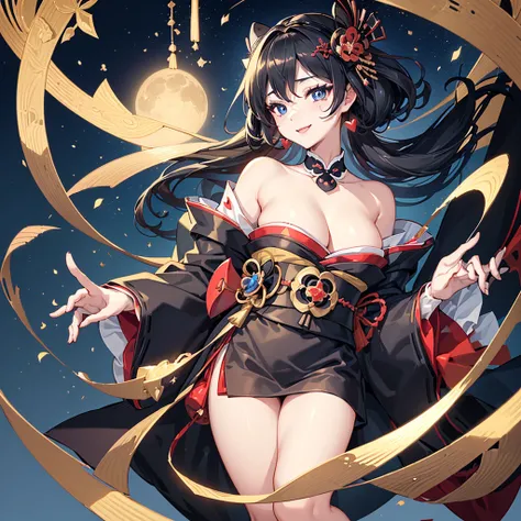 ((blackい髪　geisha　black　fan　one person　Lonely　Bruises　smile　Large Breasts　Kimono that exposes the shoulders))　((night　Japanese style　old　Heart symbol　cute))　(Dance　blue eyes　Shining Eyes)　moon　star　Catch the wind