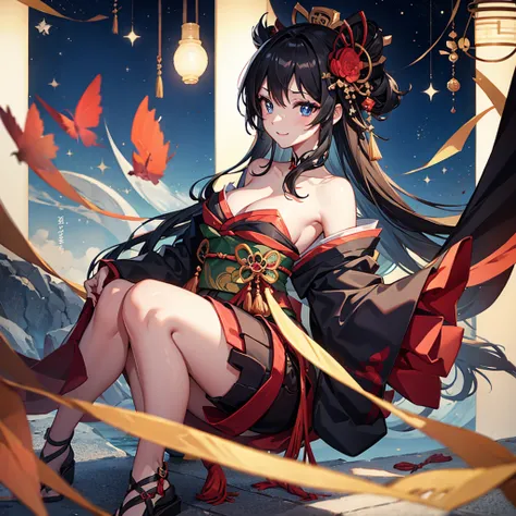 ((blackい髪　geisha　black　fan　one person　Lonely　Bruises　smile　Large Breasts　Kimono that exposes the shoulders))　((night　Japanese style　old　Heart symbol　cute))　(Dance　blue eyes　Shining Eyes)　moon　star　Catch the wind