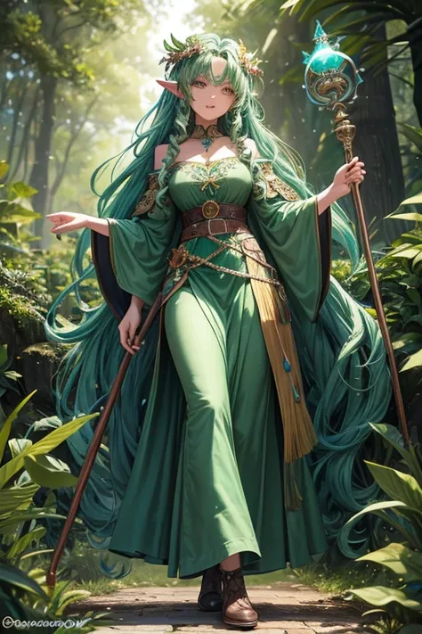 20 year old dryad woman with long curly green hair , peinado desorenado con adornos de plantas con una flor en el cabello con orejas puntegudas , Medieval green dress leaf ornaments turquoise eyes holding a magic staff brown shoes brown leather belt jade o...