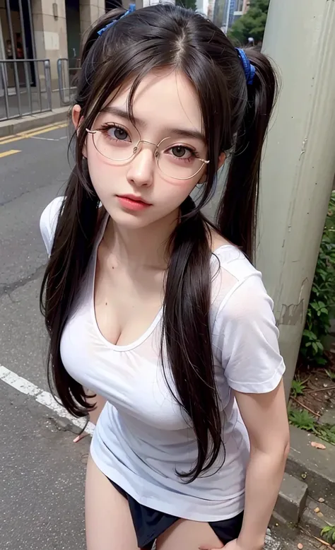 Masterpiece, perfect facial features, highly detailed face, highly detailed, 1 gir solo, 20 years old woman, eye glasses, top view shots, abandoned building at the background, standing against big pillar, twintails hair, white skinny plain t-shirt, cleavag...