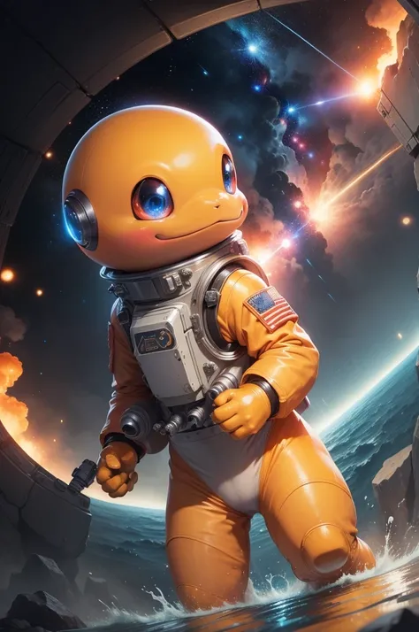 Main Part,best quality, illustration, Charmander in a space suit,Beautiful and detailed luster,(War:1.2),(nuclearexplosionbehide:1.3),rain,Detailed lighting,detailedwater,(Beautiful and delicate eyes:1.1),expressionless,