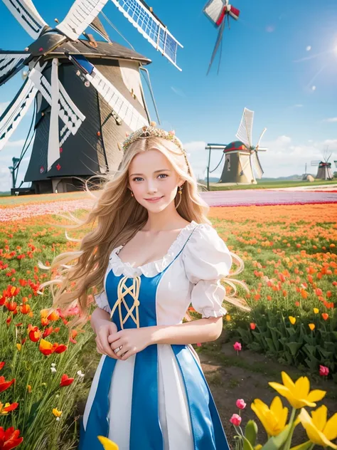 1girl,(:1.4), princess, straight long blonde hair, shiny wavy hair, blue eyes, happy smile, twinkle in the eye, small breasts, Volendam traditional costume, ruffle, traditional head wear, hairpin:1.2, windy, wind lift, (windmill:1.4), (meadow:1.2), tulip f...