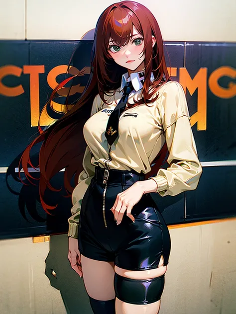 masterpiece, Best quality, Makise Kurisu,in a beige sweatshirt with a zipper and a white shirt with a black tie, black tight short shorts, black tights, red long hair, green eyes, big breasts, big hips