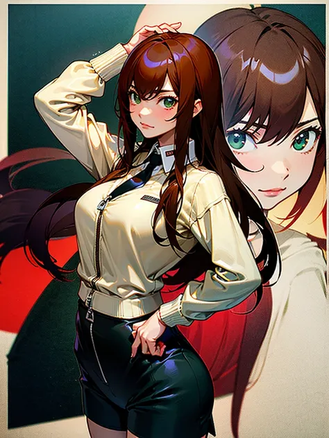 masterpiece, Best quality, Makise Kurisu,in a beige sweatshirt with a zipper and a white shirt with a black tie, black tight short shorts, black tights, red long hair, green eyes, big breasts, big hips