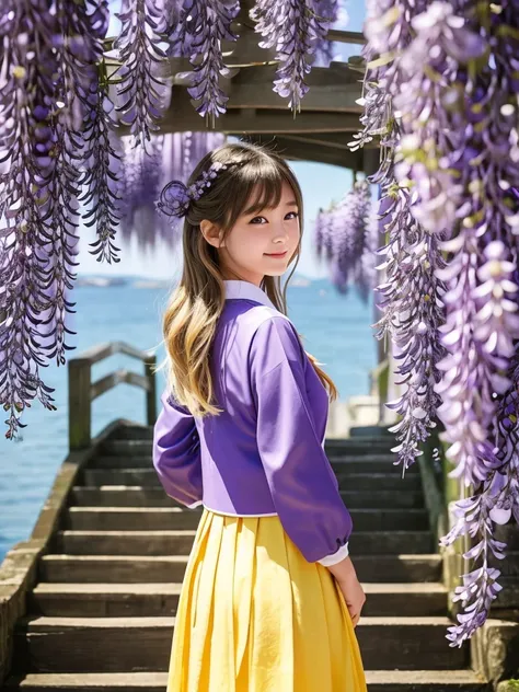 (long descending stairs leading to the sea), Japanese Shinto shrine, scenery, sunlight, wind, horizon in the distance, 
1girl, standing, (blue and white Japanese uniform), from back, looking at viewer, medium bob, (Glowing blonde-yellow with hair), shiny w...