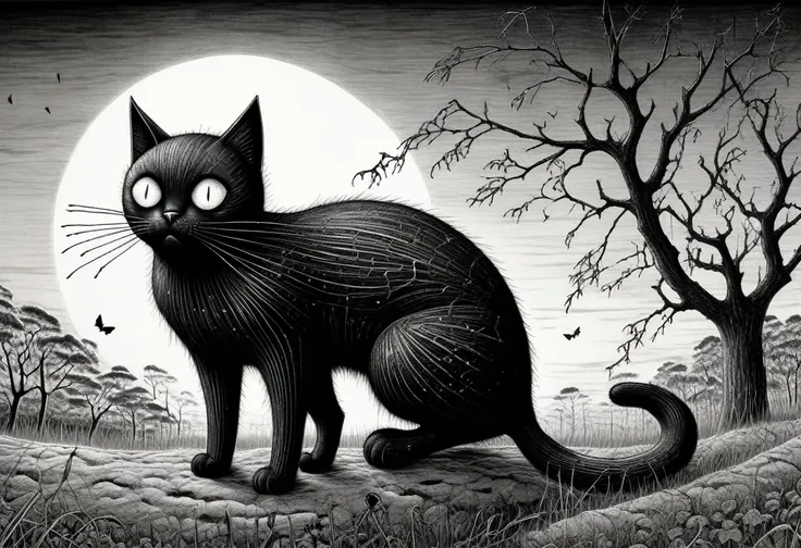 a black cat as drawn by junji ito, black and white, eery, gothic, high quality