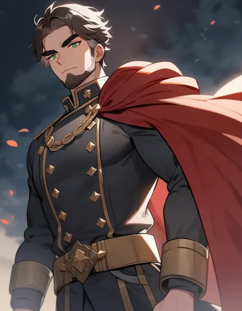 1man, derpixon, fandeltales, parted bangs, short gray hair, silver colored tips two-tone hair, multicolored dark brown hair, solo, thick eyebrow, masculine handsome prince, beard, green eyes, black pupils, lens eye, dark-blue military uniform, red cape, st...