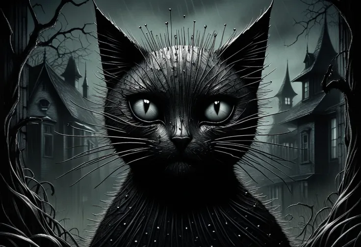 (best quality,black and white:1.2),eery,gothic,detailed black cat drawn in junji ito's style,tim burton-inspired,highly detailed...