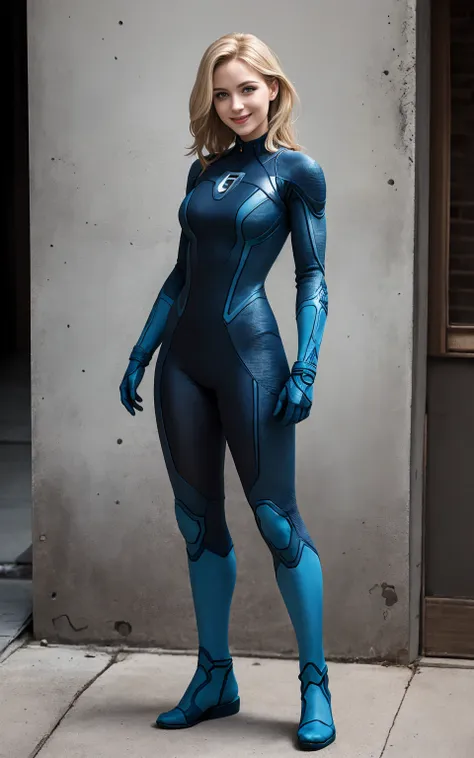 ((full body photo, standing, feet on the ground))blue eyes, stunning proportions, smile, fantastic four suit, photorealistic, in...