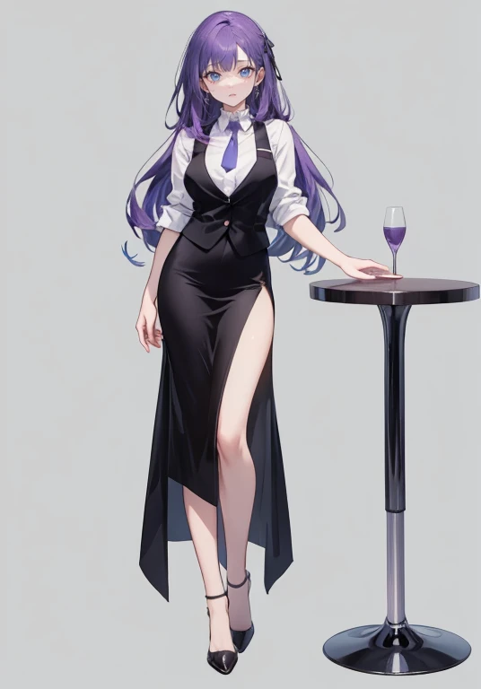 ((perfect face)),purple hair,voluminous long hair,1 female,bartender,suit,black vest,shirt with rolled up sleeves,tie,slit,high ...