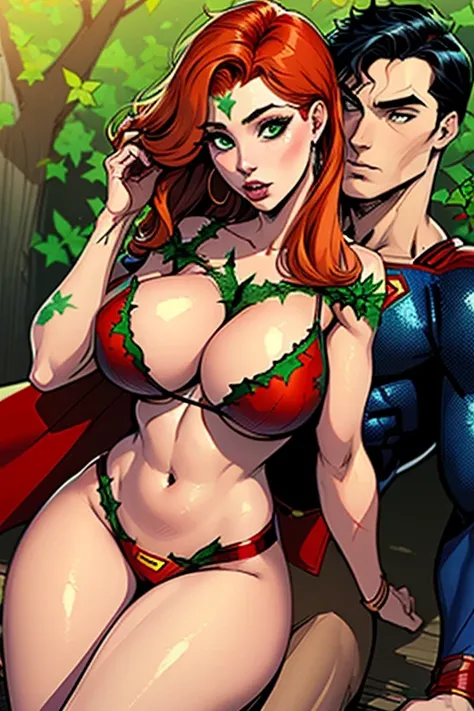 (((Poison Ivy))), (((Superman))), High quality, best quality, masterpiece, (1boy1 1girl), (hetero:1.5), mature woman, curves, long wavy redhead hair, green eyes. cleavage. (((woman wearing slingshot bikini))), reverse suspended congress, legs spread, breas...