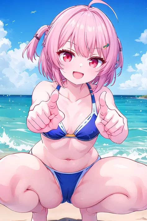 fritia ignis, smile, pointing with the finger, swimsuit, beach background, ahoge, open mouth, red eyes, squat, short hair