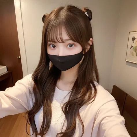 masterpiece、highest quality、Photographic reality、Beautiful girls、Brown long hair、Realistic photos、Wearing a mask over his mouth、Twin tails 、Loungewear、Simple room、One girl、Charm、17 years old、pajamas、Looks sick、Selfie、selfie