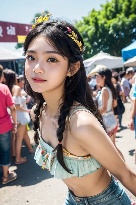 (8k, highest quality, ultra detailed:1.37), (Dina), 18yo, (a free-spirited Javanese girl), embraces the bohemian festival atmosphere. She wears a summer dress top with denim shorts and accessorizes with flowers and beads. Her black hair in a crown braids w...