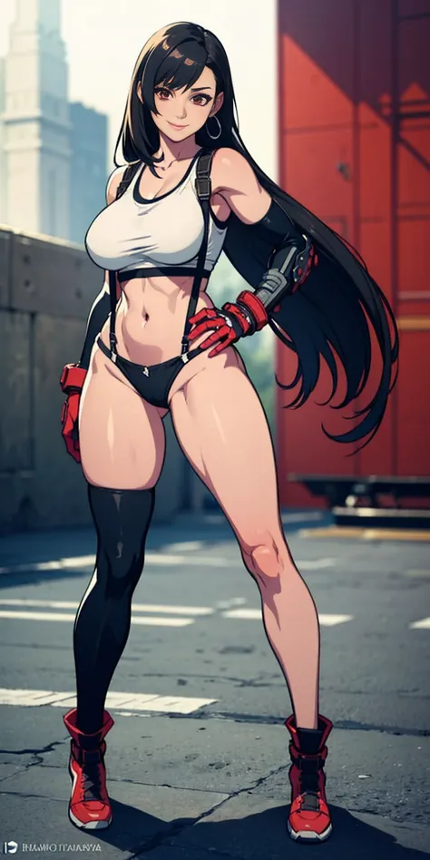 (8k, best quality, masterpiece:1.2) (realistic, photo-realistic:1.37) (full body) 1female solo girl, standing, legs apart (wide stance) standing contrapposto, ultra-detailed, cute (Tifa Lockhart) (large breasts:1.5) (beautiful detailed eyes) (smile:1.2) (c...