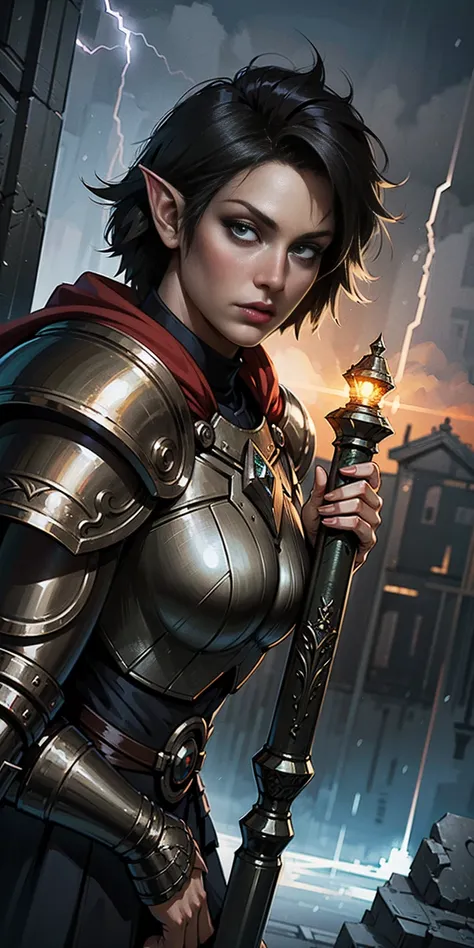 high details, best quality, 8k, [ultra detailed], masterpiece, best quality, (extremely detailed), dynamic angle, ultra wide shot, photorealistic, fantasy art, dnd art, rpg art, realistic art, an ultra wide picture of female elf cleric, holding a hammer, h...