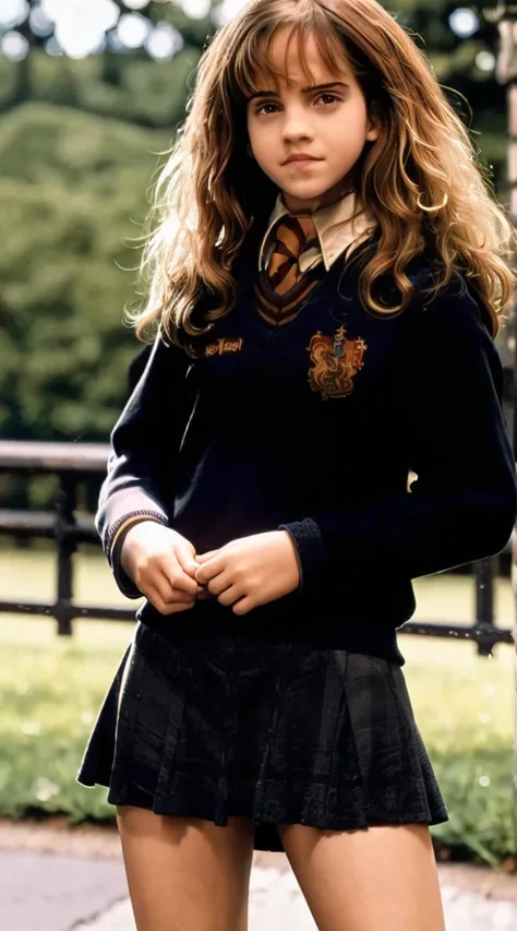 best quality,ultra-detailed,(photorealistic:1.37),hermione granger, in hogwarts uniform,skirt,sweater,hogwarts background, upski...