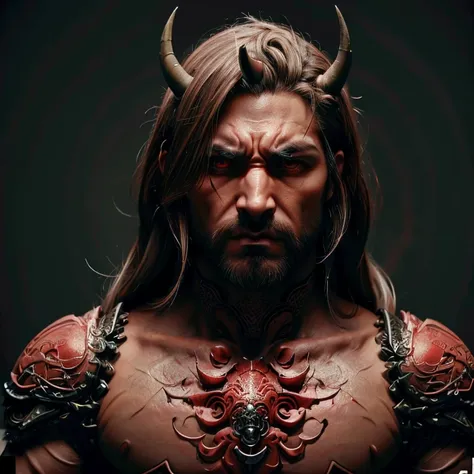 1 Japanese horned demon, male, man, Asian eyes, 35 years old, muscular, broad shoulders, long hair, black and blonde hair, ultra detailed face and eyes, hyperrealistic, realistic representation, eye color red