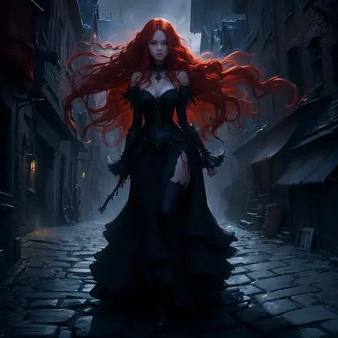 A woman with long red hair walking down a cobblestone street, Dark fantasy art, Dark Fantasy Art, in style of Dark Fantasy Art, Dark Fantasy Artwork, gothic fantasy art, Copper-haired girl, Dark fantasy horror art, 4k fantasy art, Fantasy Dark Art, Dark fa...