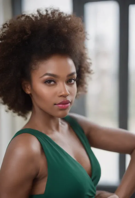 real black woman with curly afro hair and with beautiful green eyes , pink lips, teint claire ,elle sourit , Elle a 30 ans, she weighs 160 kilos and measures 1m72, elle porte une robe rouge courte, elle a de grosses fesses, elle est debout dans un salon, R...