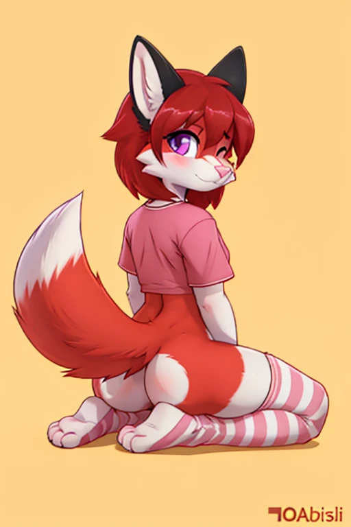 Anthropomorphic male crimson fox with pink nose, black ears, horns and purple eyes, two tails, fullbody view, solo, on knees, digital art, lifting his shirt, femenine look, back view, wearing a pink t-shirt and long pink socks with white stripes and pink p...