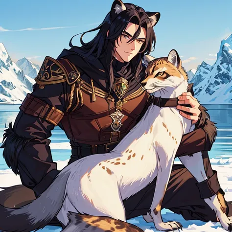 Young, handsome, strong, musculoskeletal soldier playing with a sea lion body chimera puppy, seal tail, cheetah fur, raccoon shiners and fox ears on top of a snowy mountain