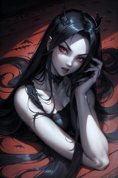 absurdres, ((stunning female vampire))), goth renaissance, (long black hair:1.erfect and detailed angular sharp oval shaped face...