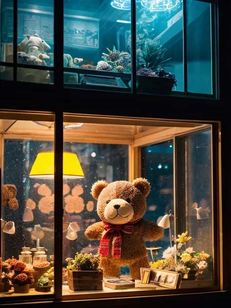 Interesting window display，Creative window display，Display of several exquisite teddy bear dolls。Global illumination。Particle tracing。neon lights，Colorful。8k ultra high definition 。（The old man looks into the window。old man&#39;s back。）