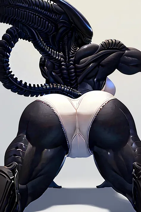 Female muscular xenomorph mother with white underpants and bra, white panties, white bra,  bra straps, white bra straps, crawl on all fours, rear view, solo focus, best quality, 1 face, low view