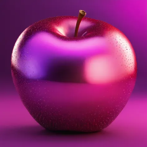 A bitten pink metallic apple on a purple gradient background