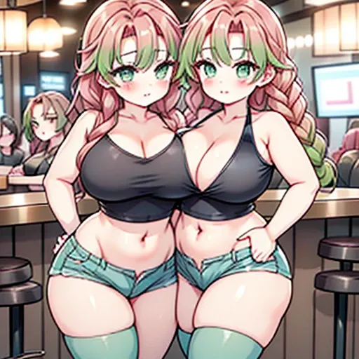 Your two headed massive fat wife conjoined to your fat mitsuri cosplayer daughter fully clothed in a pair of jeans and a very overfull bikini top on the naturally fused two headed conjoined body embracing passionately. Her two distinct  heads are clearly d...