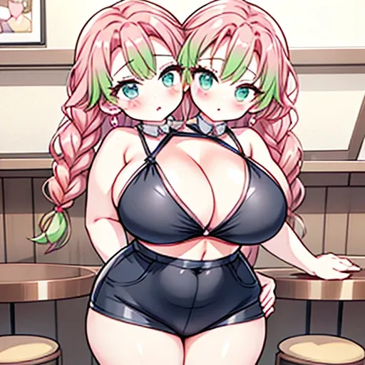 Your two headed massive fat wife conjoined to your fat mitsuri cosplayer daughter fully clothed in a cosplay outfit and a very overfull bikini top on their two headed body. Her two distinct heads are clearly drunk as she accidentally kisses your daughter o...