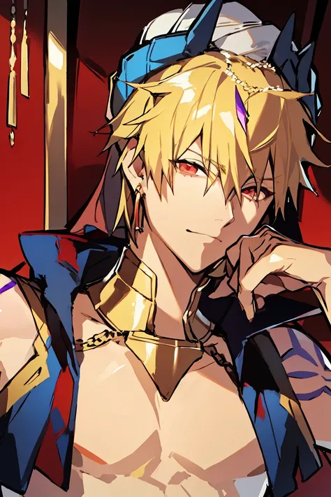 fate grand order (absurdres, highres, ultra detailed, HDR), masterpiece, best quality, Gilgamesh, 1man, solo, handsome, short hair, blonde hair, vibrant red eyes, finely eye and detailed face, golden earrings, pink lotus, petals