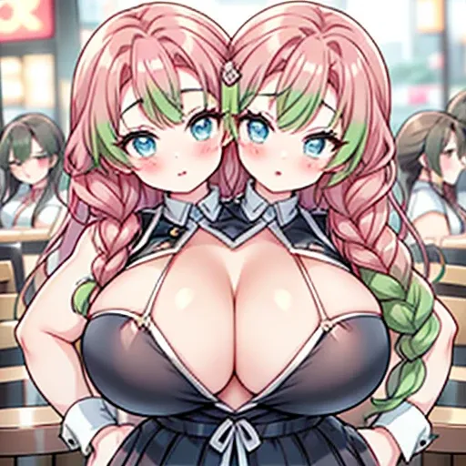 Your two headed massive fat wife conjoined to your fat mitsuri cosplayer daughter fully clothed in a cosplay outfit and a very overfull bikini top on their two headed body. Her two distinct heads are clearly drunk as she accidentally kisses your daughter o...