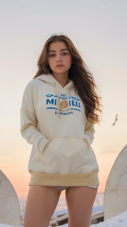 xoaeriel, a beautiful wometroan with wavy brown hair, ojos azules, nariz redonda, vistiendo una sudadera,un primetroer plano de una sudadera blanca con un conejo, beige sudadera, sudadera, sudadera con capucha, hermoso and lovely, 8k, 8 metroil, y 2 k, y2k...