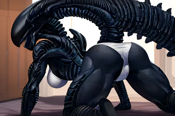 Female muscular xenomorph mother with white underpants and bra, white panties, white bra,  bra straps, white bra straps, crawl on all fours, rear view, solo focus, best quality, 1 face, low view