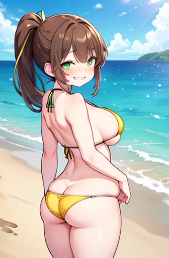 nsfw、1 female(Thick thighs、Chubby、(Disproportionate breasts:1.2)、(Big Breasts:1.2)、 Childish face、Brown Hair、Shoulder-length hair、ponytail、Yellow-green eyes、15 years old、(Grin:1.5)、White low-rise bikini、Half ass、Spread your arms)、(View from behind:1.5)、Oce...