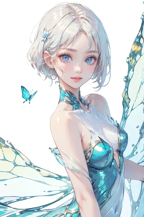 (masterpiece、highest quality、highest quality、Beautiful and beautiful:1.2)、(Good anatomy:1.5)、Focus on the eyes、whole body，See-through，Milky white hair girl、Transparent butterfly liquid costume、Adorable smile、looking at the camera、Diffuse reflection of ligh...